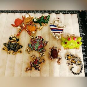 Vintage Style Brooch Lot 9pc Frog Nautical Ship Starfish Rhinestone Enamel Pin